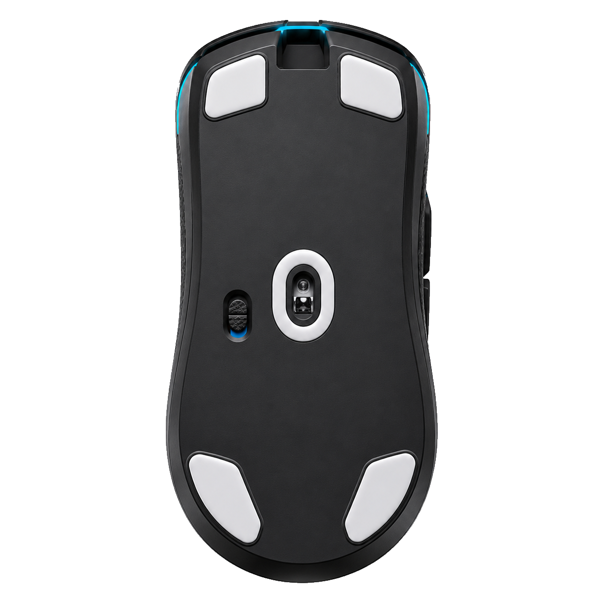 Vista inferior completa do AeroX Pro com pés PTFE brancos nas quatro extremidades, fundo transparente PNG