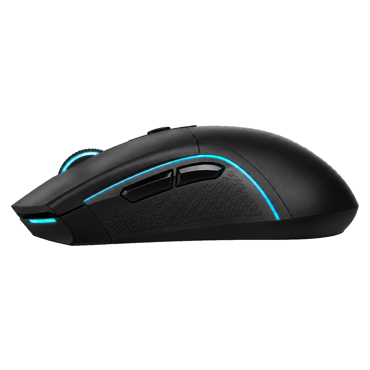 Perfil lateral do AeroX Pro destacando botões laterais do polegar, fundo transparente PNG