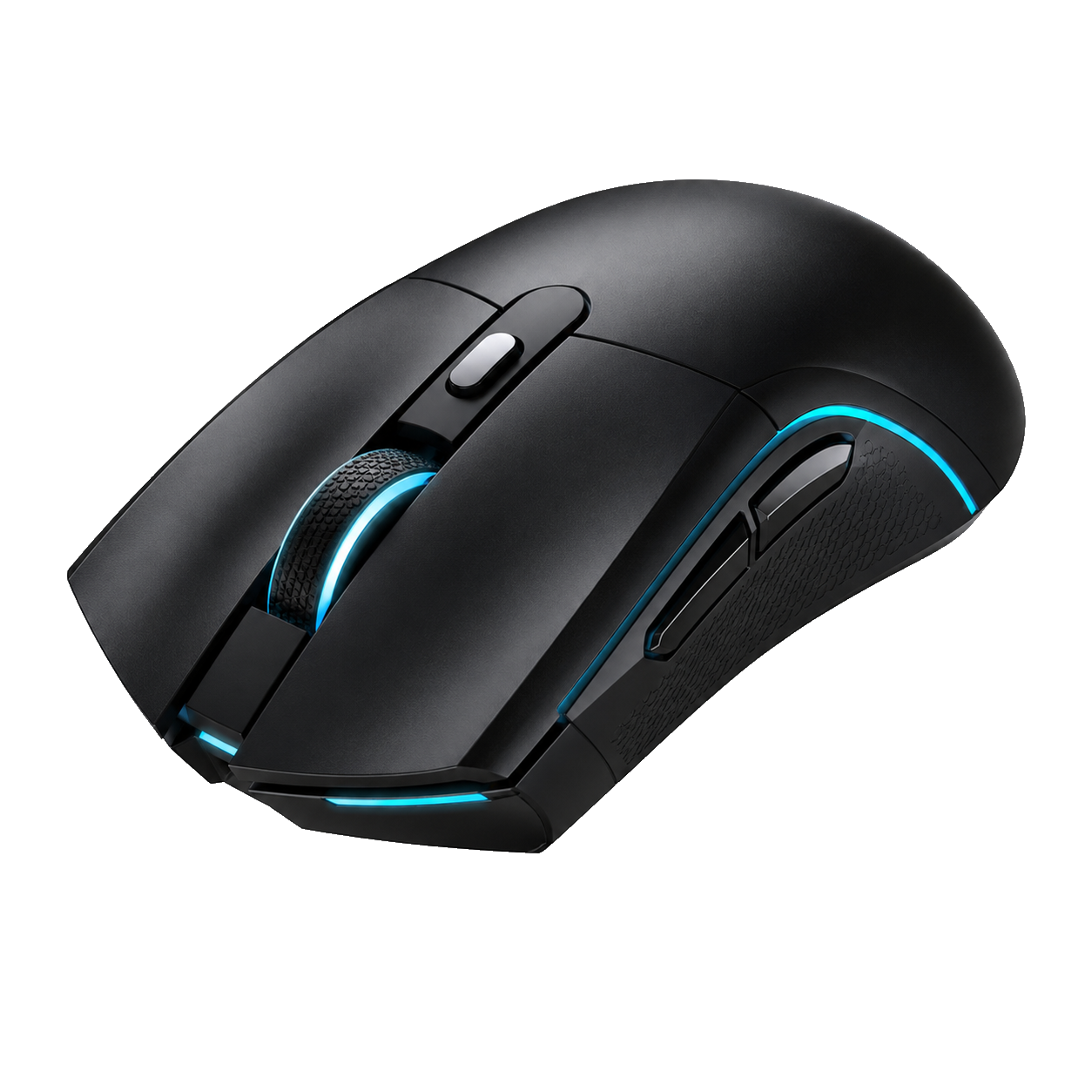 Vista superior 3/4 do AeroX Pro Wireless, iluminação de estúdio alto contraste, fundo transparente PNG, mouse posicionado levemente inclinado para a direita