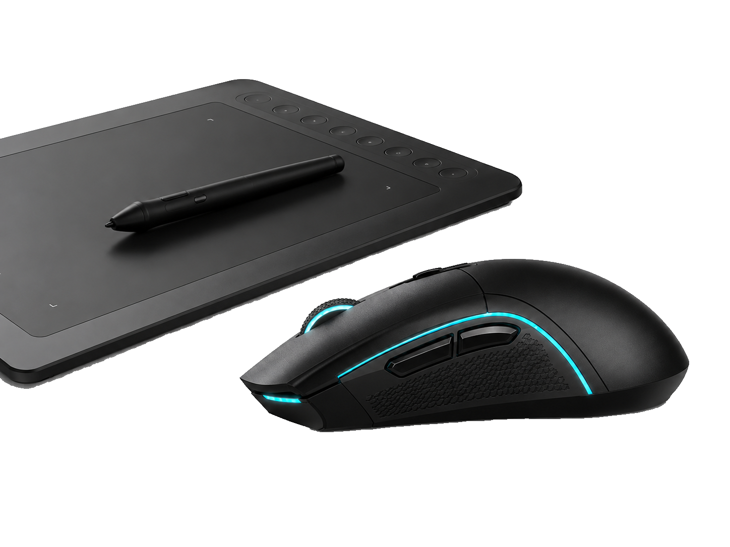 AeroX Pro ao lado de tablet gráfico e mesa de designer, iluminação lateral suave, fundo transparente PNG