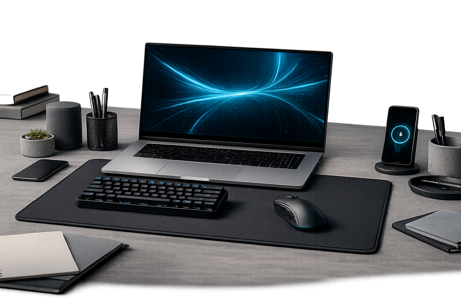 AeroX Pro em mesa híbrida com notebook e periféricos, ambiente corporativo moderno, fundo transparente PNG