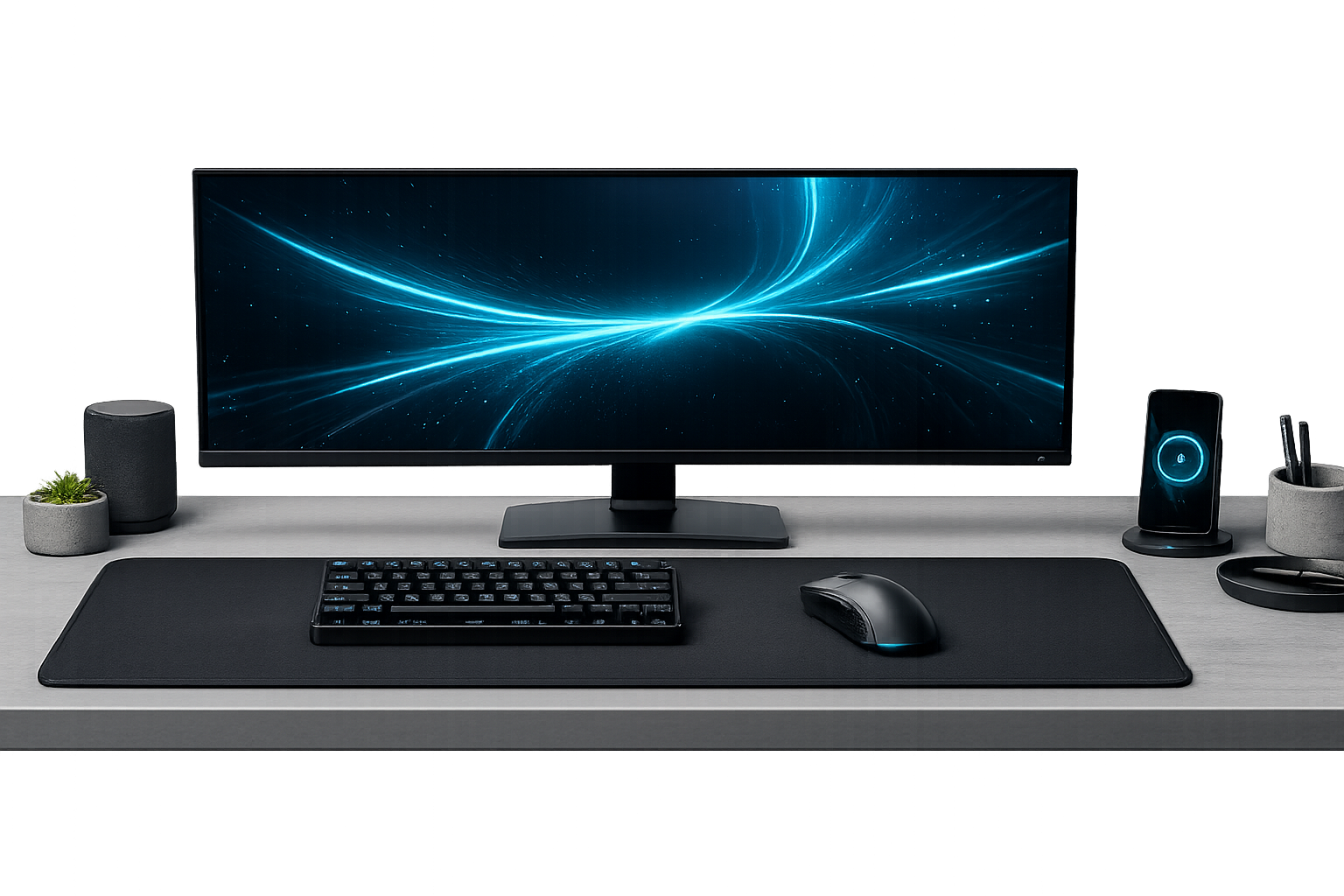 Vista superior do AeroX Pro em setup de escritório minimalista com monitor ultrawide, fundo transparente PNG